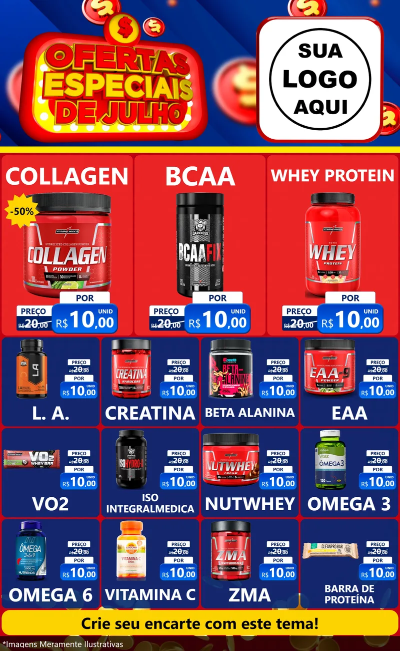 Modelo de Encarte para Encarte Grande com o tema Ofertas Especiais de Julho para Suplementos alimentares