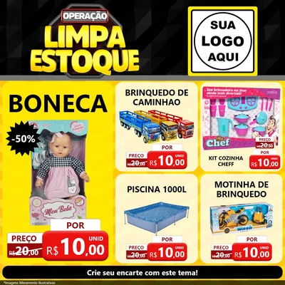 Modelo de Rede Social para Feed Facebook com o tema Operação Limpa Estoque para Brinquedos