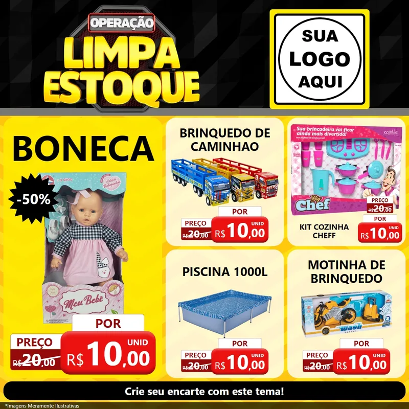 Modelo de Rede Social para Feed Facebook com o tema Operação Limpa Estoque para Brinquedos