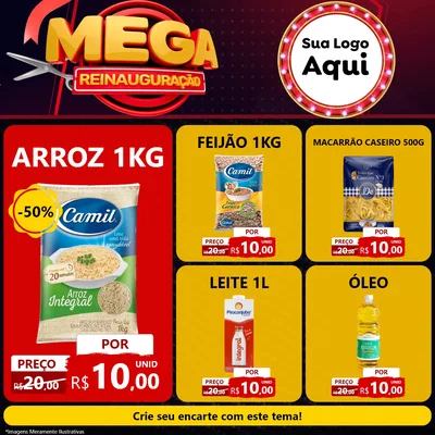 Modelo de Rede Social para Feed Facebook com o tema Mega Reinauguração para Supermercado