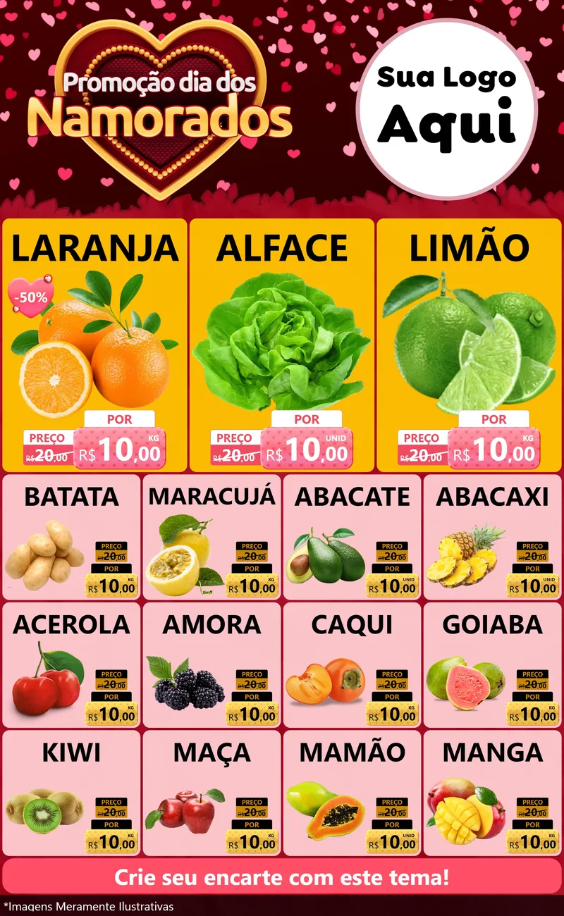Modelo de Encarte para Encarte Grande com o tema Promoção Dia Dos Namorados para Hortifrúti