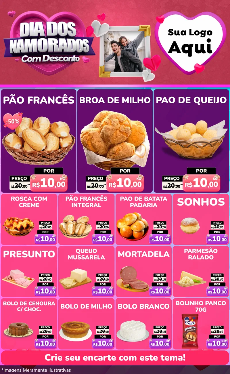 Modelo de Encarte para Encarte Grande com o tema Dia Dos Namorados Com Desconto para Padaria