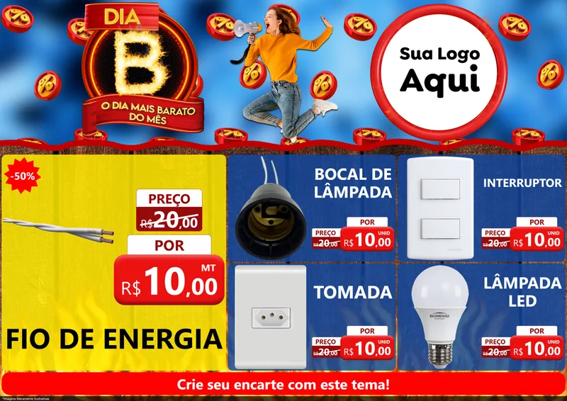 Modelo de Encarte para Encarte A4 Horizontal com o tema Dia B - O Dia Mais Barato Do Mês para Materiais Elétricos