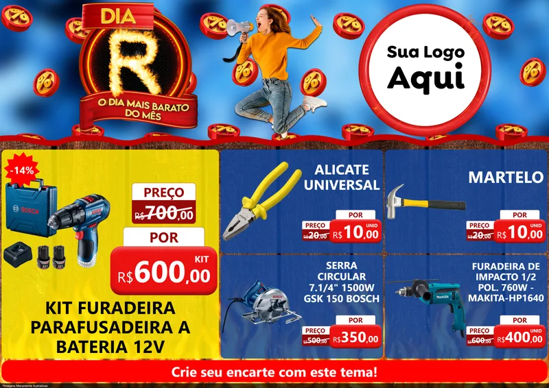 Modelo de Encarte para Encarte A4 Horizontal com o tema Dia R - O Dia Mais Barato Do Mês para Maquinas e Ferramentas