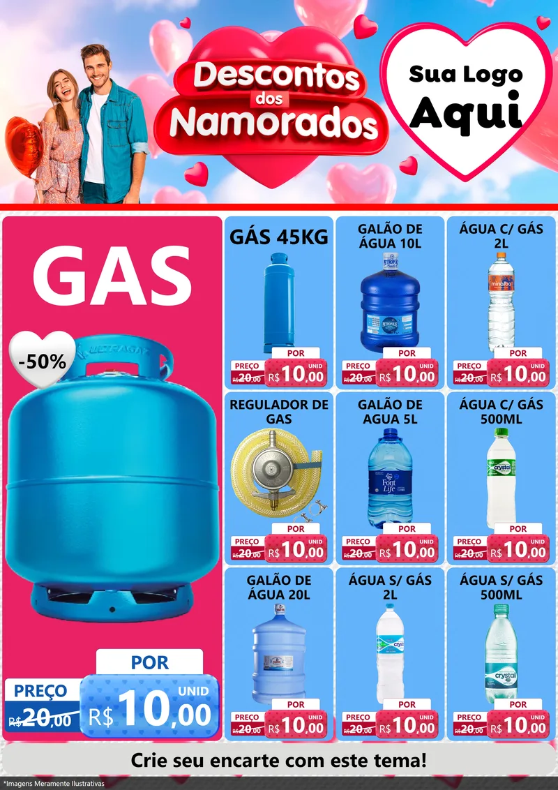 Modelo de Encarte para Encarte A4 Vertical com o tema Descontos dos Namorados para Água e gás
