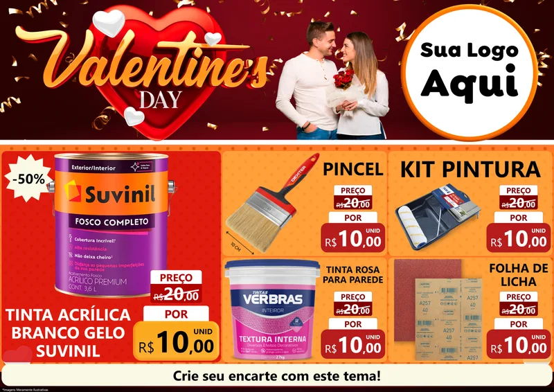 Modelo de Encarte para Encarte A4 Horizontal com o tema Valentine's Day para Tintas e Ferramentas