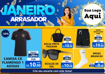 Modelo de Encarte para Encarte A4 Horizontal com o tema Janeiro Arrasador para Roupas e acessórios