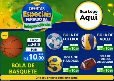 Modelo de Encarte para Encarte A4 Horizontal com o tema Ofertas Especiais Feriado da Independência para Artigos Esportivos