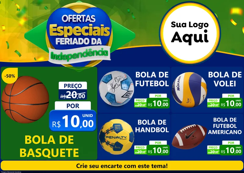 Modelo de Encarte para Encarte A4 Horizontal com o tema Ofertas Especiais Feriado da Independência para Artigos Esportivos