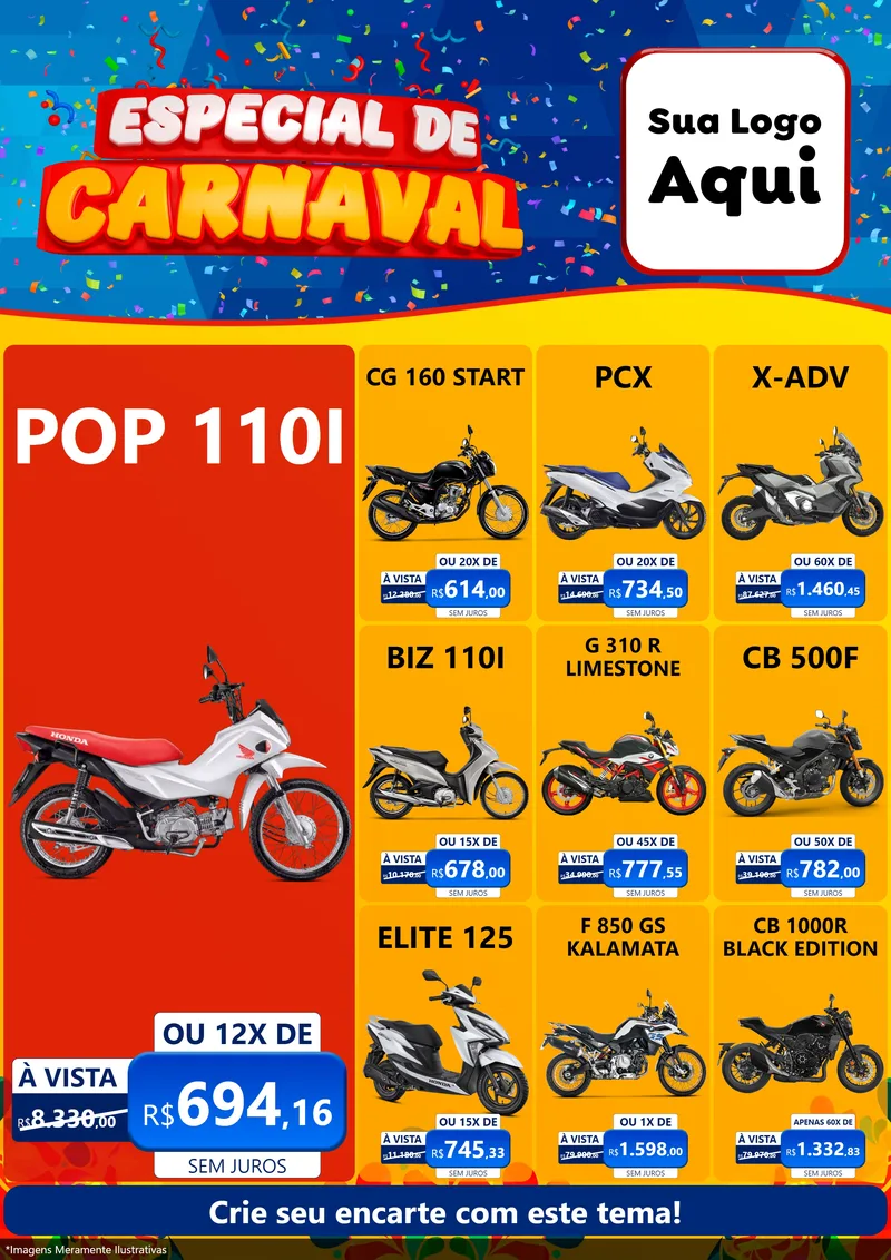 Modelo de Encarte para Encarte A4 Vertical com o tema Especial de Carnaval para Concessionaria de Motos