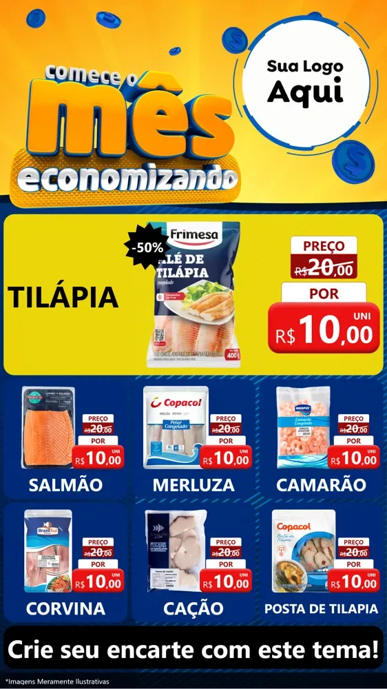 Modelo de Rede Social para Stories com o tema Comece O Mês Economizando para Peixaria