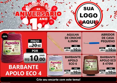 Modelo de Encarte para Encarte A4 Horizontal com o tema Promoção de Aniversário - 1 Ano para Armarinho e Aviamentos