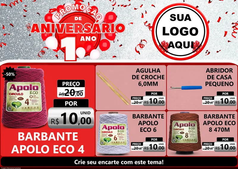 Modelo de Encarte para Encarte A4 Horizontal com o tema Promoção de Aniversário - 1 Ano para Armarinho e Aviamentos