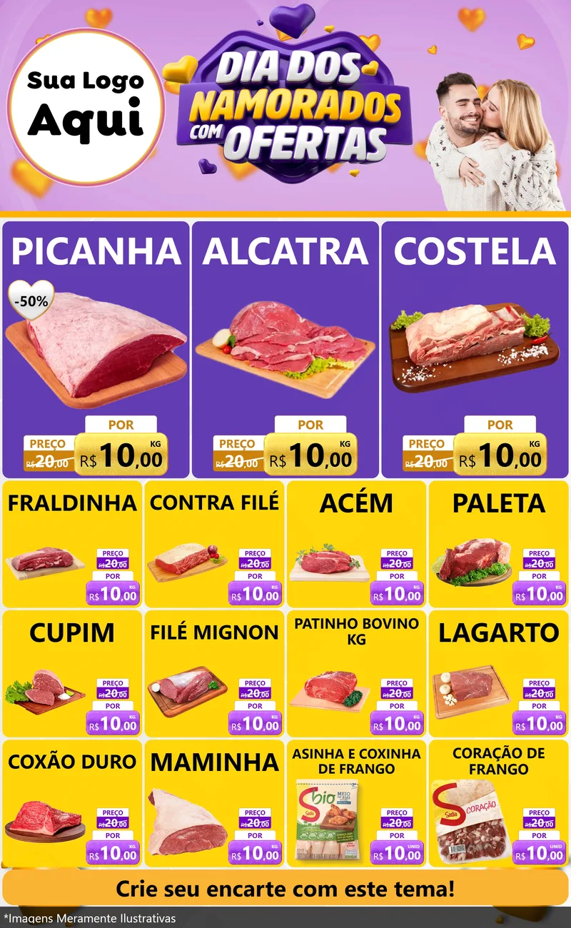 Modelo de Encarte para Encarte Grande com o tema Dia Dos Namorados Com Ofertas para Açougue