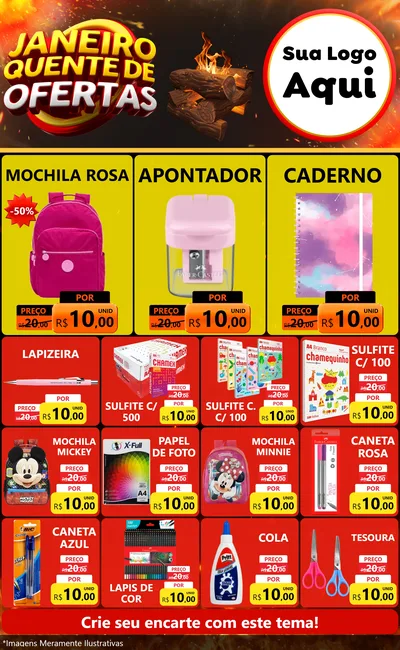 Modelo de Encarte para Encarte Grande com o tema Janeiro Quente de Ofertas para Papelaria