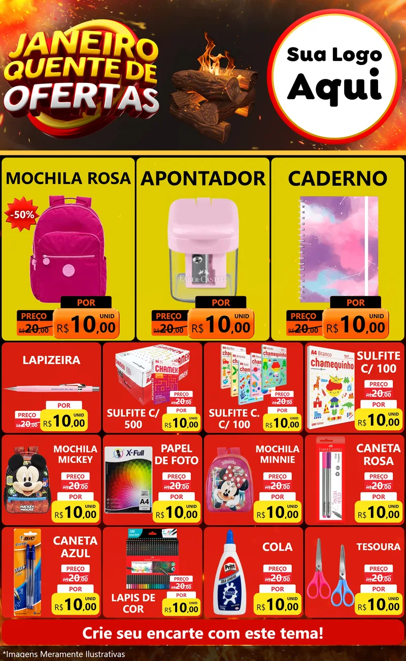 Modelo de Encarte para Encarte Grande com o tema Janeiro Quente de Ofertas para Papelaria