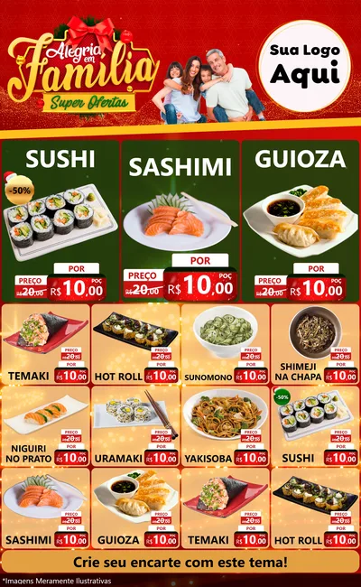 Modelo de Encarte para Encarte Grande com o tema Alegria em Família Super Ofertas - Natal para Comida japonesa