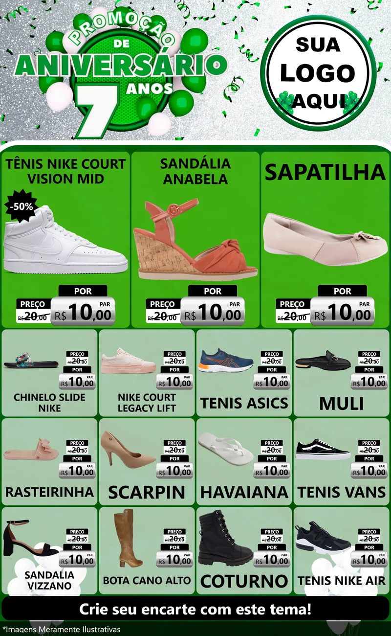 Modelo de Encarte para Encarte Grande com o tema Promoção de Aniversário - 7 Anos para Calçados