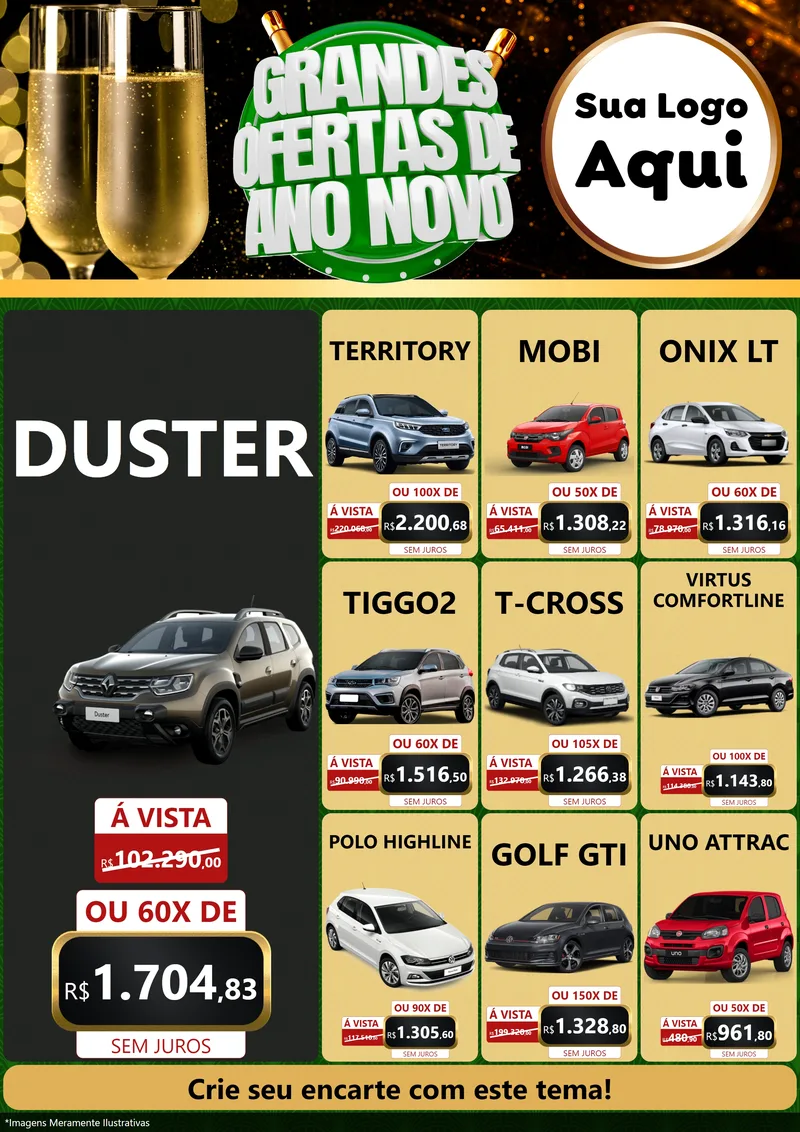 Modelo de Encarte para Encarte A4 Vertical com o tema Grandes Ofertas de Ano Novo para Concessionaria de Carros