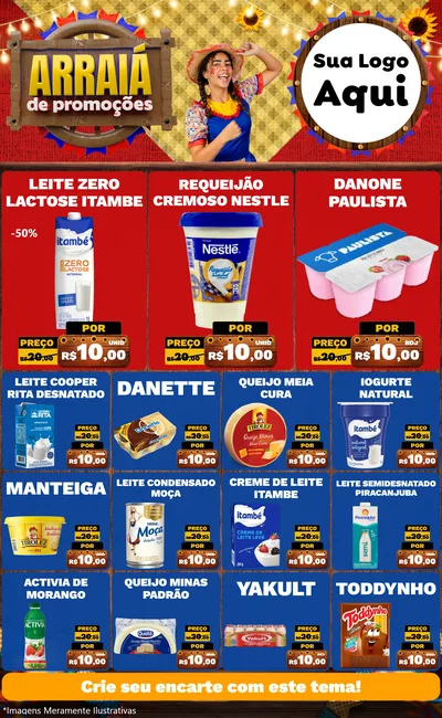 Modelo de Encarte para Encarte Grande com o tema Arraiá de Promoções para Frios e Laticínios