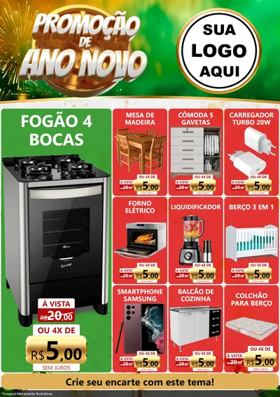 Modelo de Encarte para Encarte A4 Vertical com o tema Promoção de Ano Novo para Móveis e Eletro