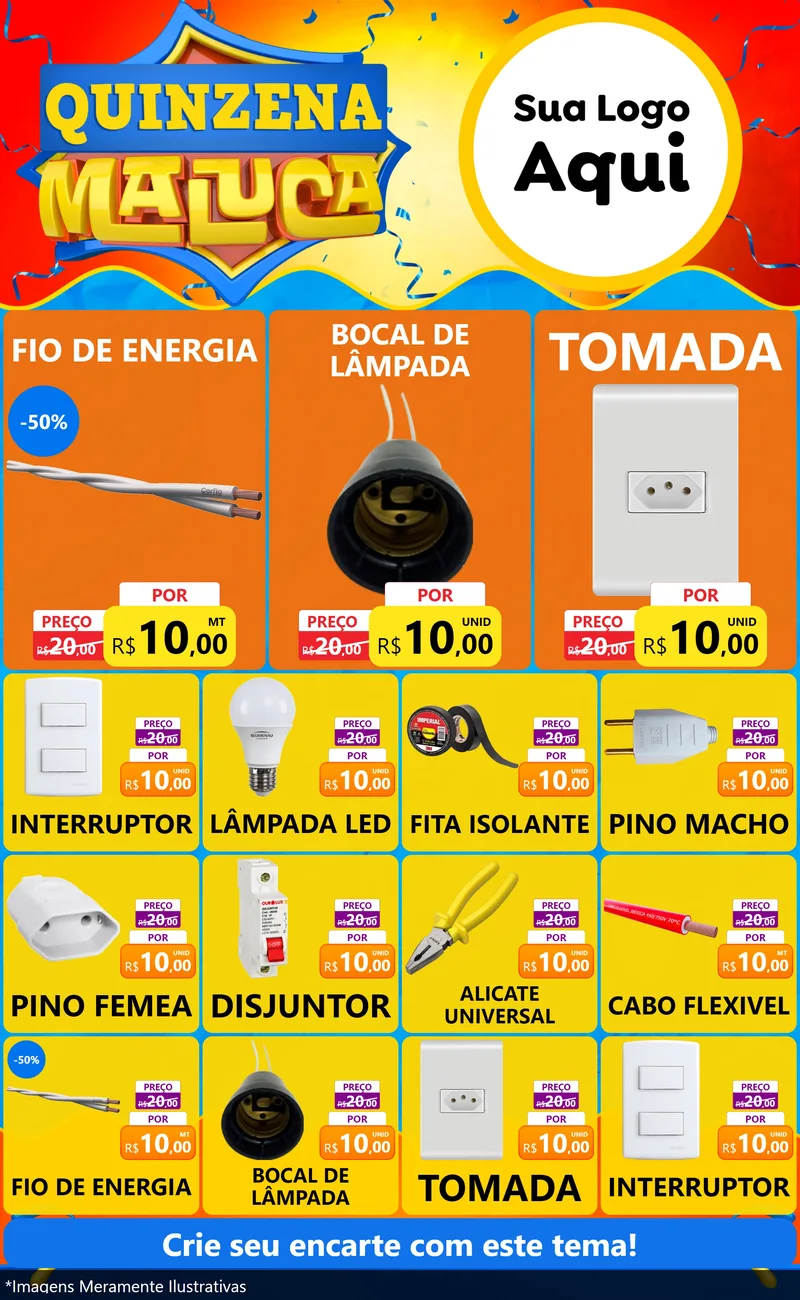 Modelo de Encarte para Encarte Grande com o tema Quinzena Maluca para Materiais Elétricos