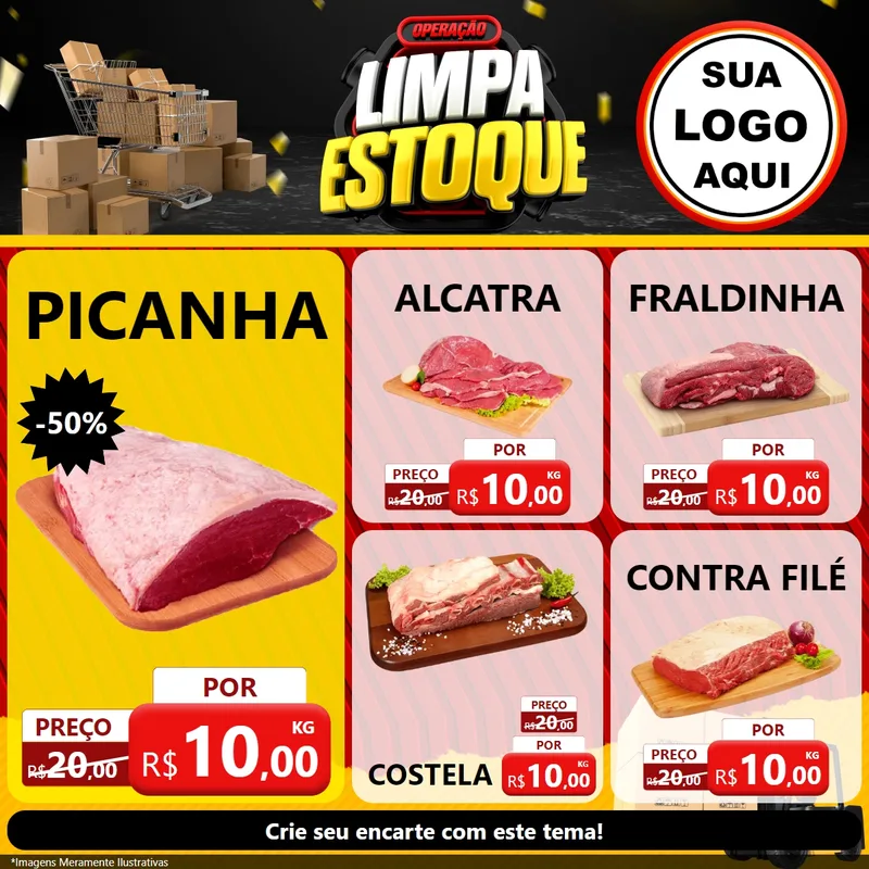 Modelo de Rede Social para Feed Facebook com o tema Operação Limpa Estoque para Açougue