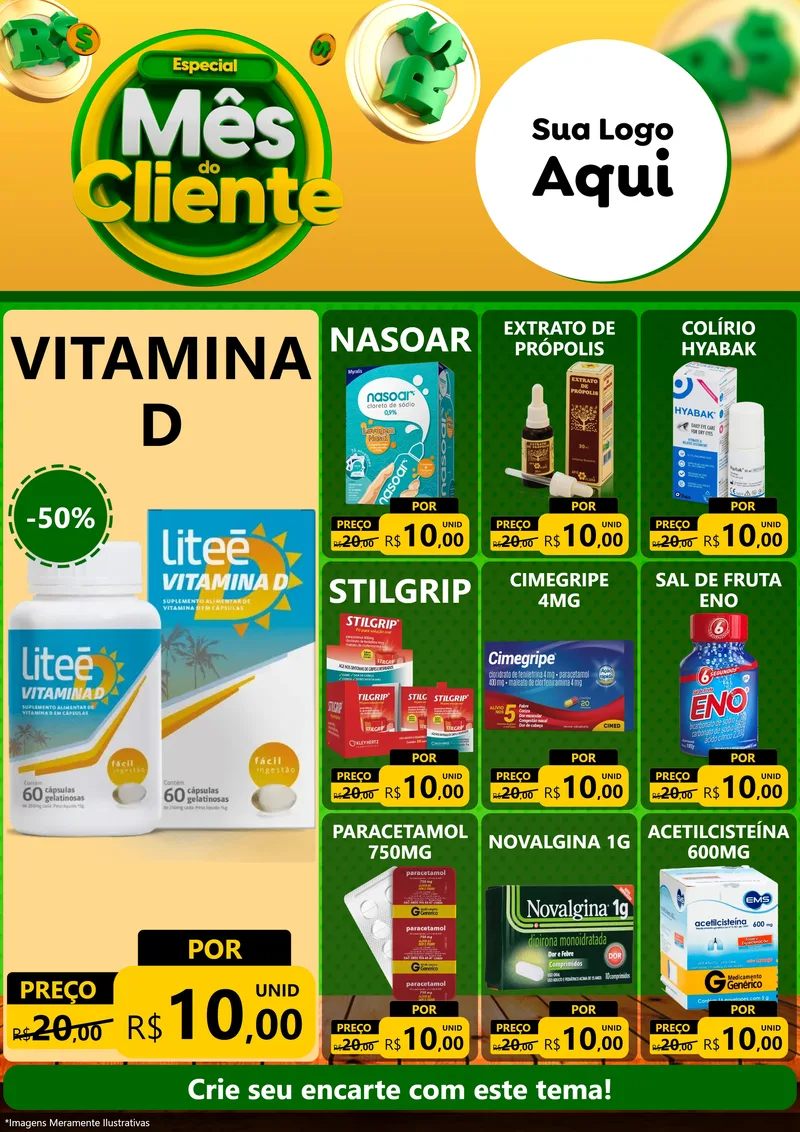 Modelo de Encarte para Encarte A4 Vertical com o tema Especial Mês do Cliente para Farmácia