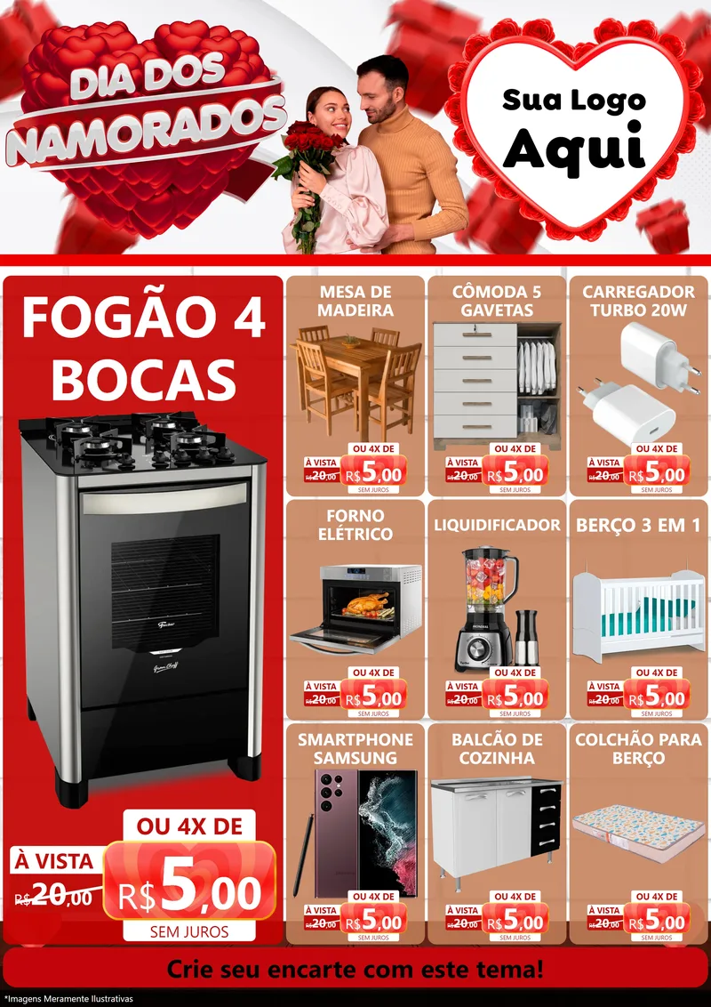 Modelo de Encarte para Encarte A4 Vertical com o tema Dia dos Namorados para Móveis e Eletro