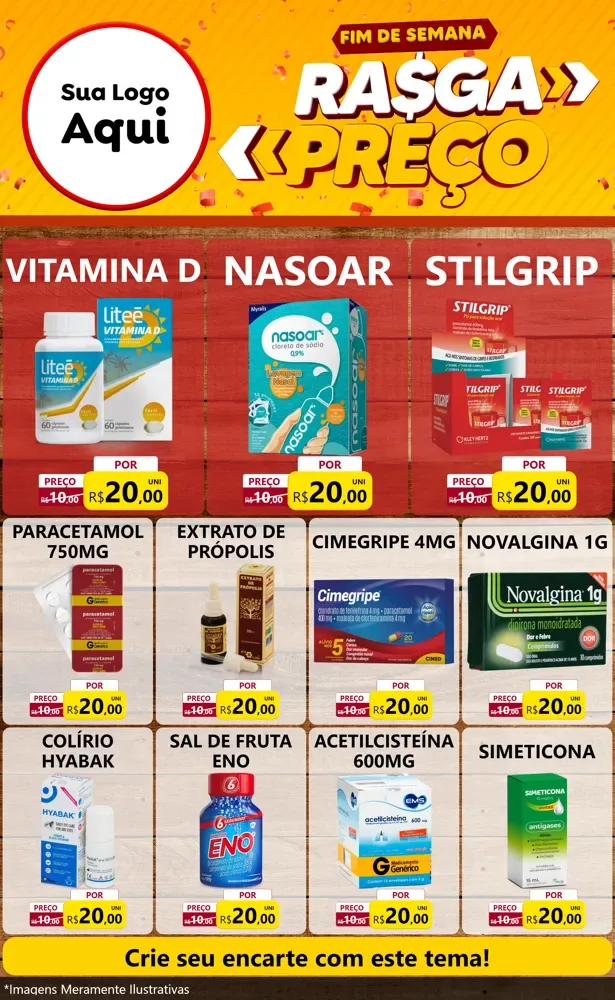 Modelo de Encarte para Encarte Grande com o tema Fim de Semana Rasga Preços para Farmácia