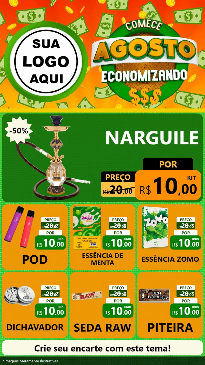 Modelo de Rede Social para Stories com o tema Comece Agosto Economizando para Tabacaria