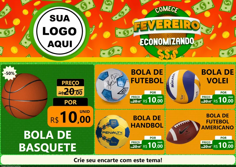 Modelo de Encarte para Encarte A4 Horizontal com o tema Comece Fevereiro Economizando para Artigos Esportivos