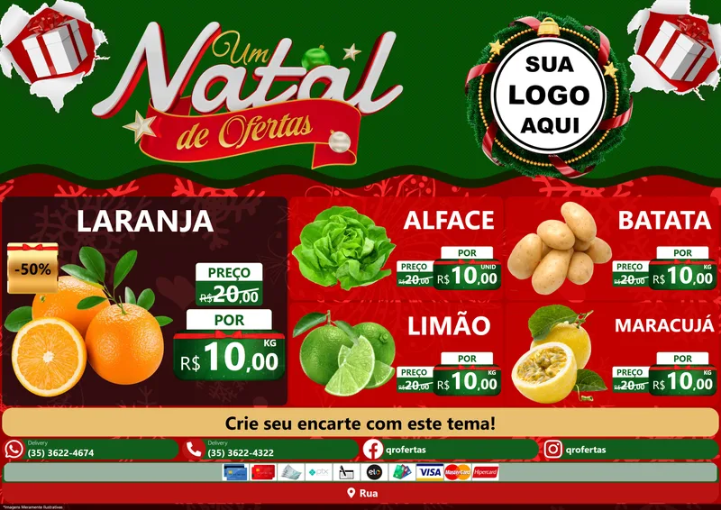 Modelo de Encarte para Encarte A4 Horizontal com o tema Um Natal de Ofertas para Hortifrúti