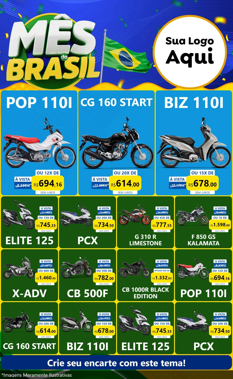 Modelo de Encarte para Encarte Grande com o tema Mês do Brasil para Concessionaria de Motos