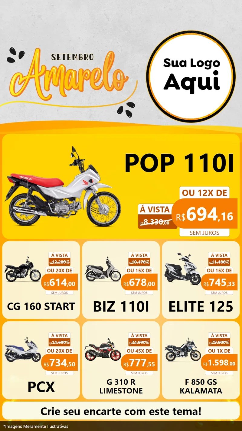 Modelo de Rede Social para Stories com o tema Setembro Amarelo para Concessionaria de Motos