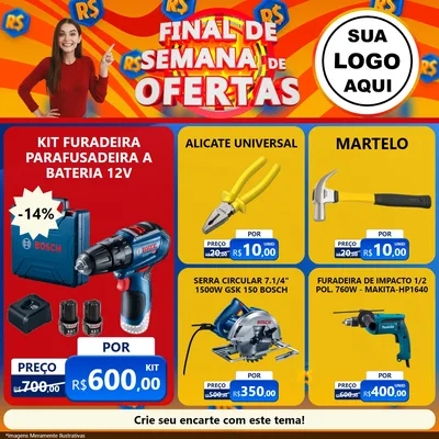 Modelo de Rede Social para Feed Facebook com o tema Final de Semana de Ofertas para Maquinas e Ferramentas