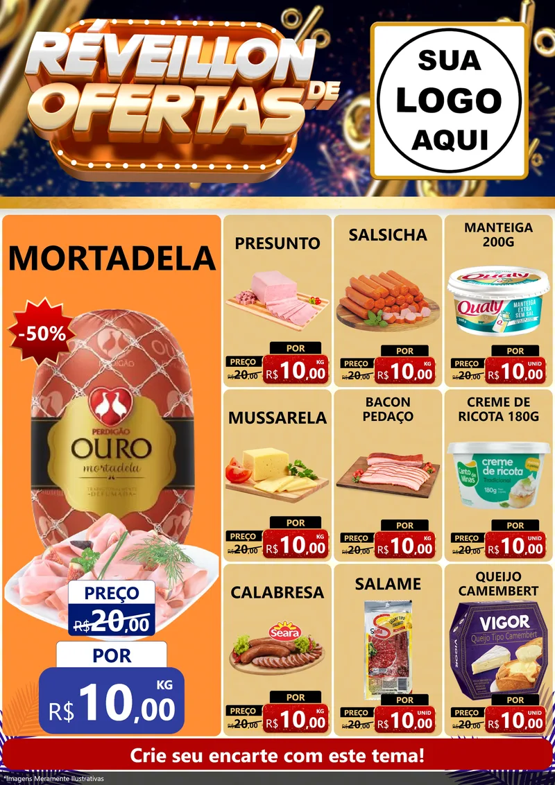 Modelo de Encarte para Encarte A4 Vertical com o tema Réveillon de Ofertas para Frios e Laticínios