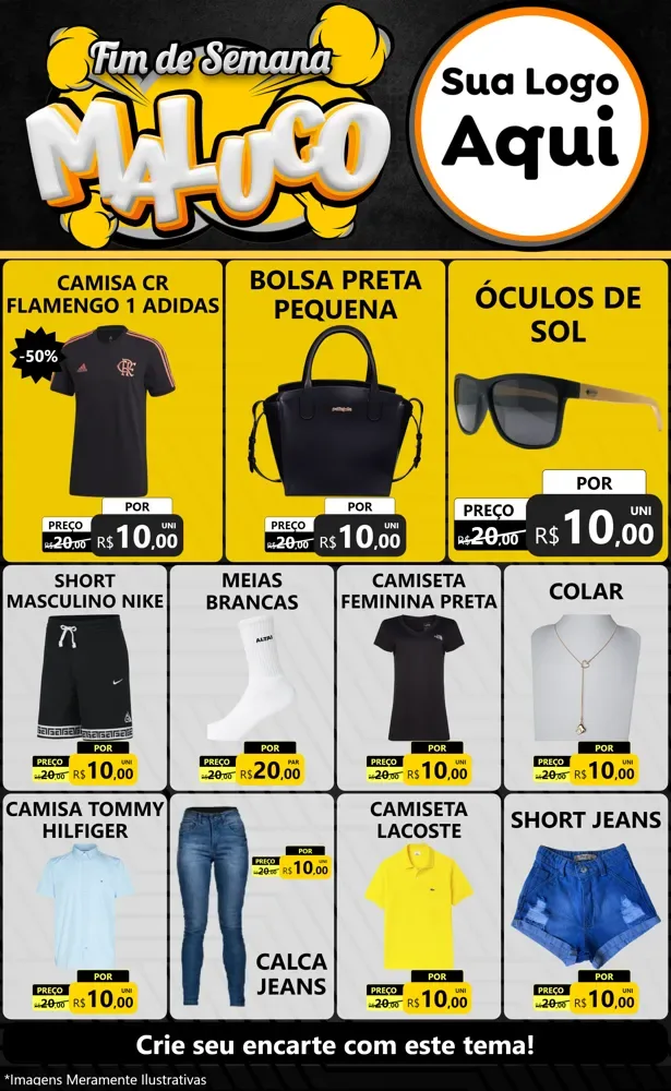 Modelo de Encarte para Encarte Grande com o tema Fim de Semana Maluco para Roupas e acessórios