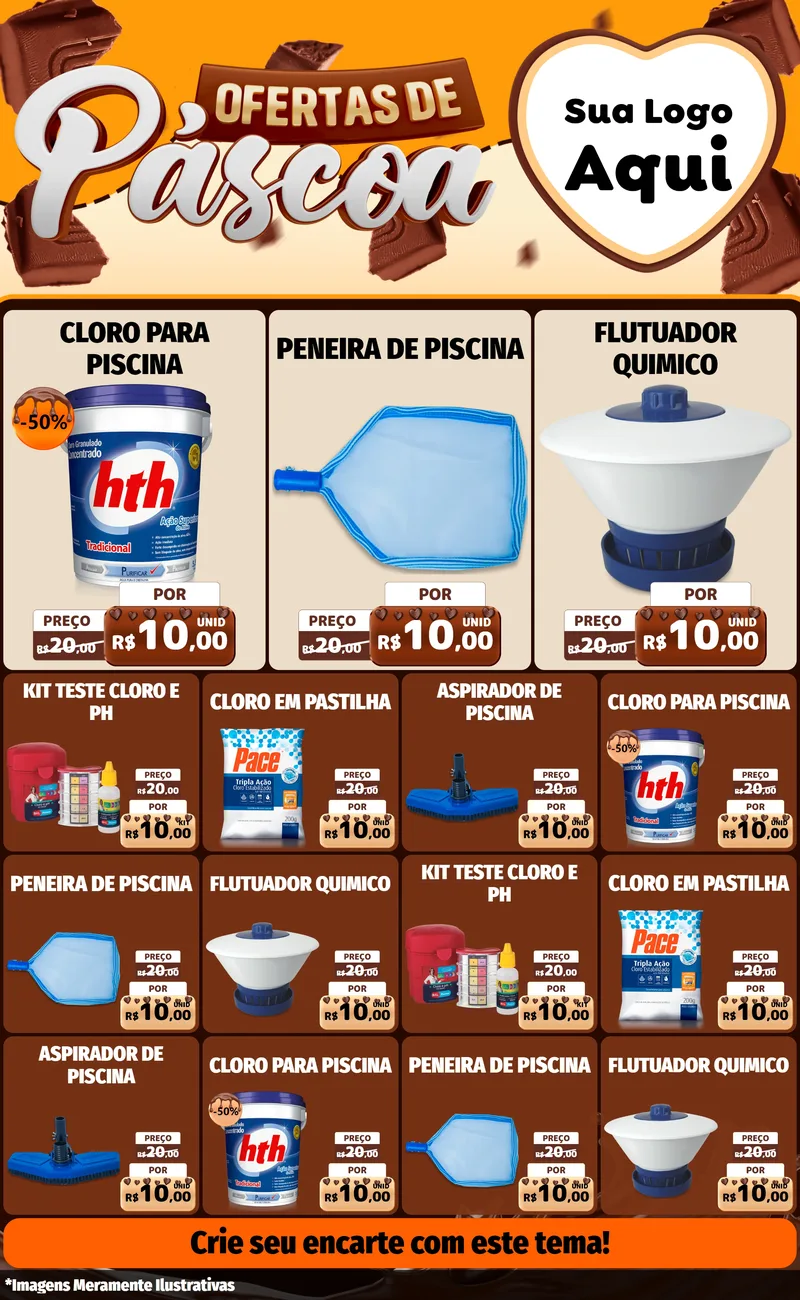Modelo de Encarte para Encarte Grande com o tema Ofertas de Páscoa para Produtos para Piscina