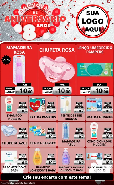 Modelo de Encarte para Encarte Grande com o tema Promoção de Aniversário - 8 Anos para Bebês