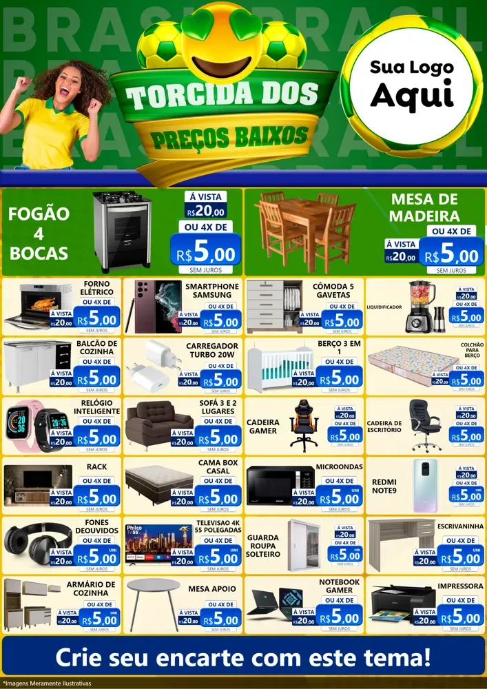 Modelo de Encarte para Encarte A4 Vertical com o tema Torcida dos Preços Baixos - Copa para Móveis e Eletro