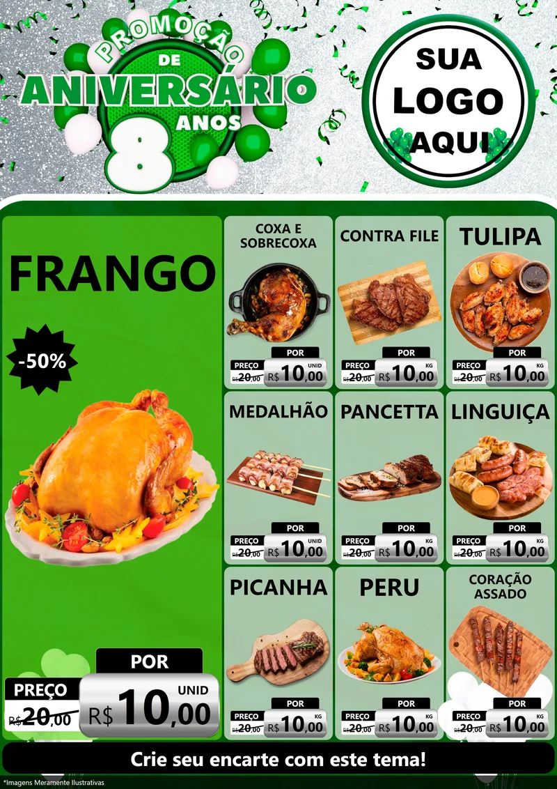 Modelo de Encarte para Encarte A4 Vertical com o tema Promoção de Aniversário - 8 Anos para Assados