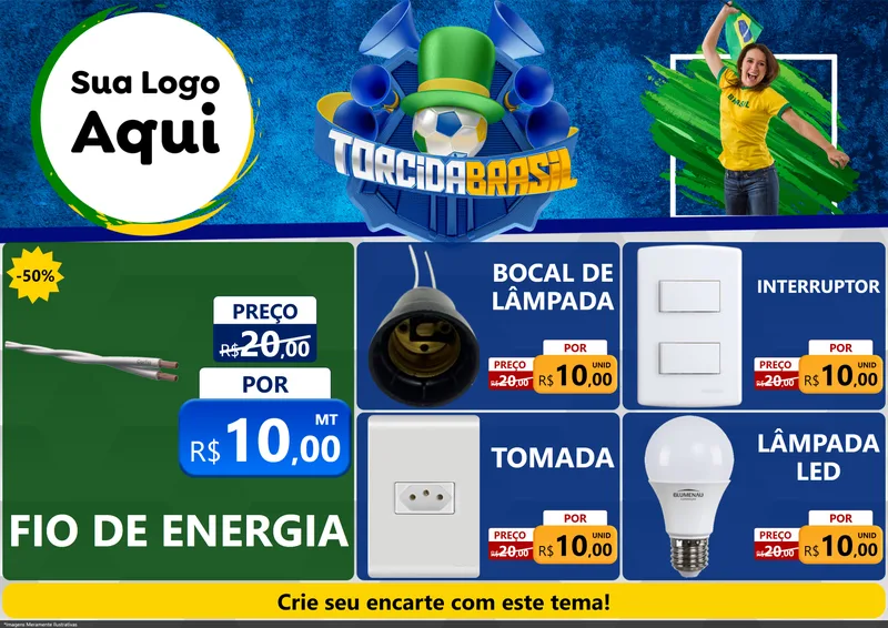 Modelo de Encarte para Encarte A4 Horizontal com o tema Torcida Brasil - Copa para Materiais Elétricos