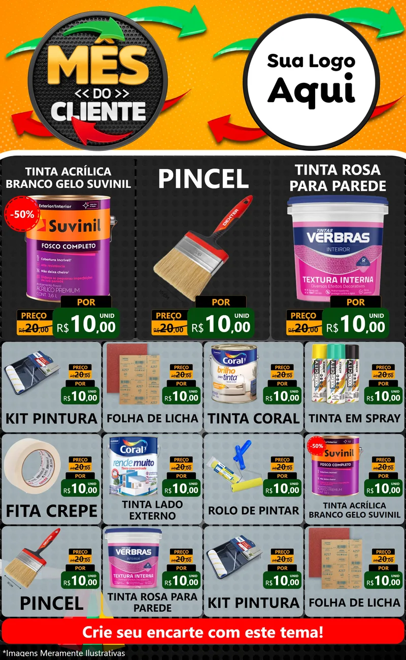 Modelo de Encarte para Encarte Grande com o tema Mês do Cliente para Tintas e Ferramentas