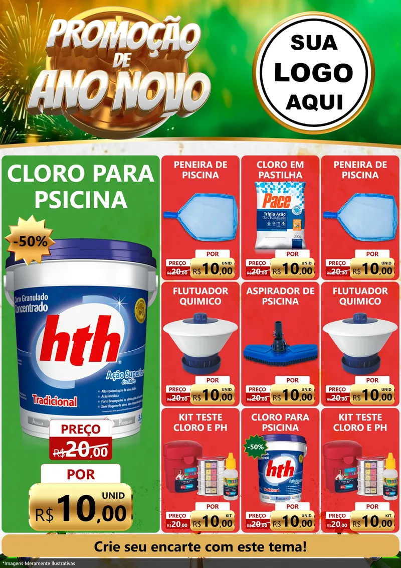 Modelo de Encarte para Encarte A4 Vertical com o tema Promoção de Ano Novo para Produtos para Piscina