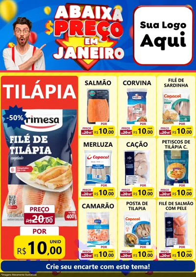 Modelo de Encarte para Encarte A4 Vertical com o tema Abaixa Preço em Janeiro para Peixaria