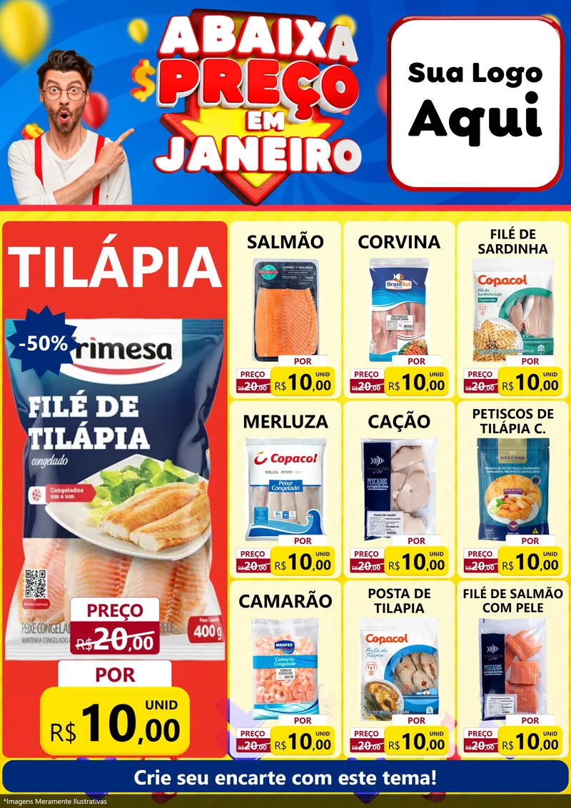 Modelo de Encarte para Encarte A4 Vertical com o tema Abaixa Preço em Janeiro para Peixaria
