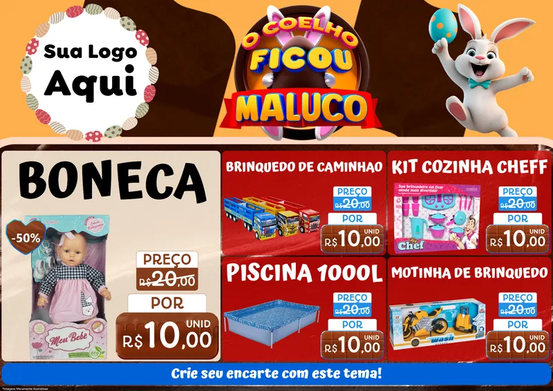 Modelo de Encarte para Encarte A4 Horizontal com o tema O Coelho Ficou Maluco - Páscoa para Brinquedos