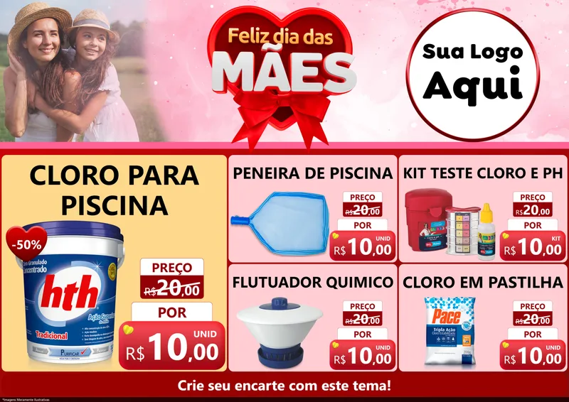 Modelo de Encarte para Encarte A4 Horizontal com o tema Feliz Dia Das Mães para Produtos para Piscina