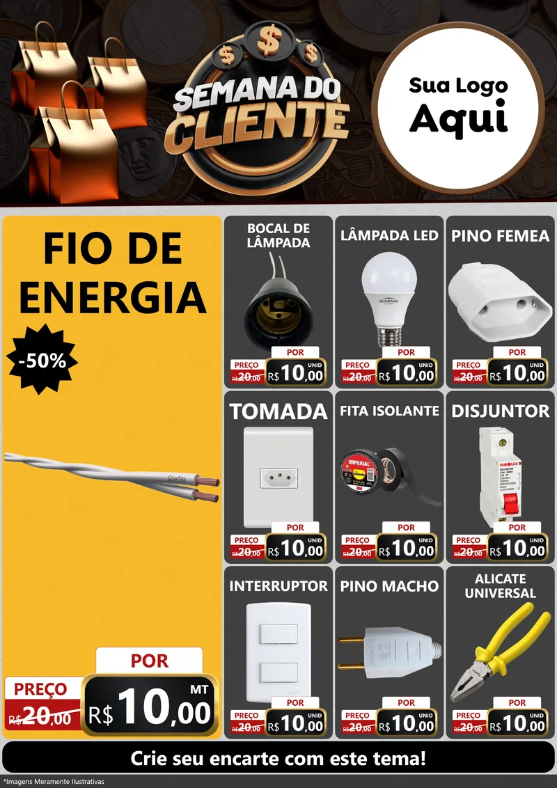 Modelo de Encarte para Encarte A4 Vertical com o tema Semana do Cliente para Materiais Elétricos